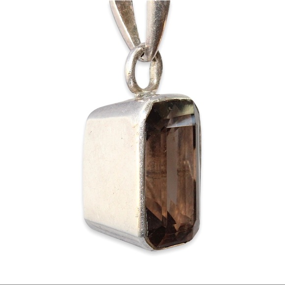 Vintage Smoky Quartz Sterling Silver Pendant Emerald Cut Gemstone Thick Bezel - Picture 3 of 6